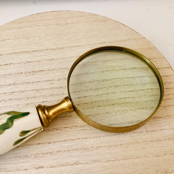 Brass Lupe Magnifying Glass Ceramic White Green Floral Handle 7.5” Elegant Gift - Picture 4 of 12